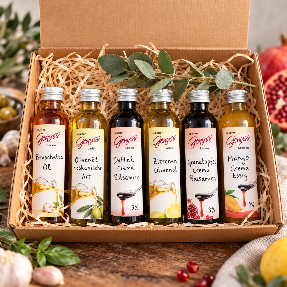 Essig & Öl Probierset 6 × 40 ml – Feinkost Geschenkset mit Olivenöl, Essig & Balsamico