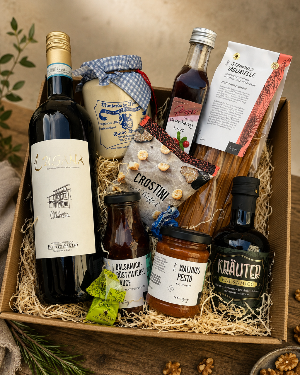 Premium Feinkost Geschenkkorb mit Wein