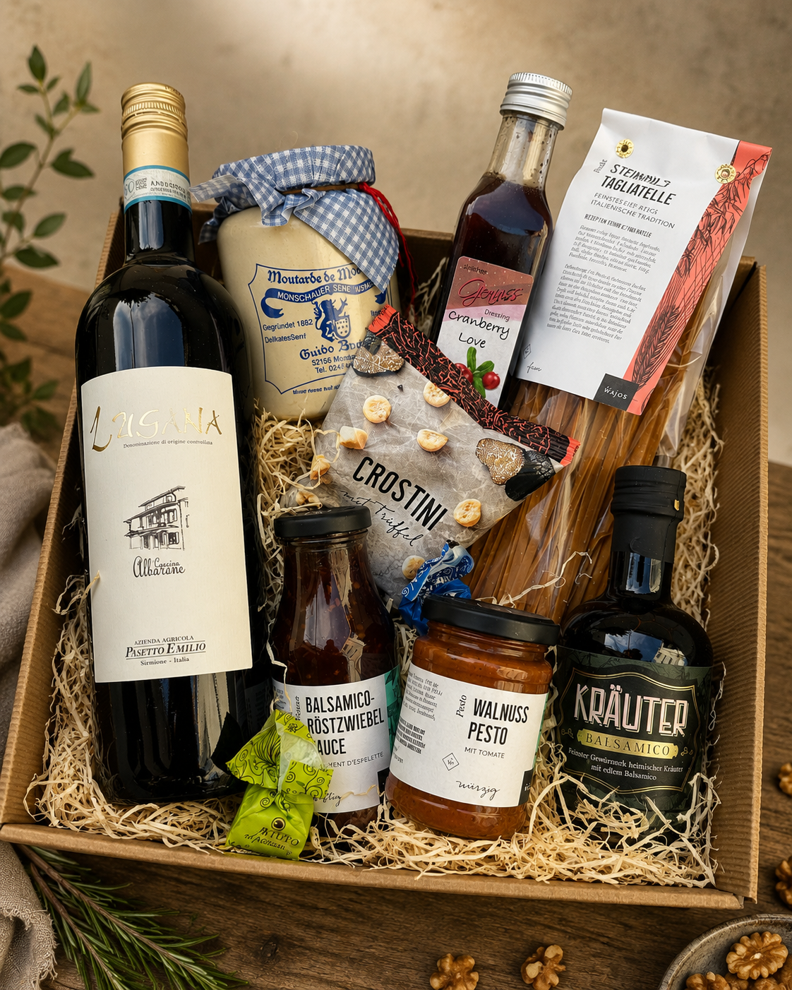Premium Feinkost Geschenkkorb mit Wein