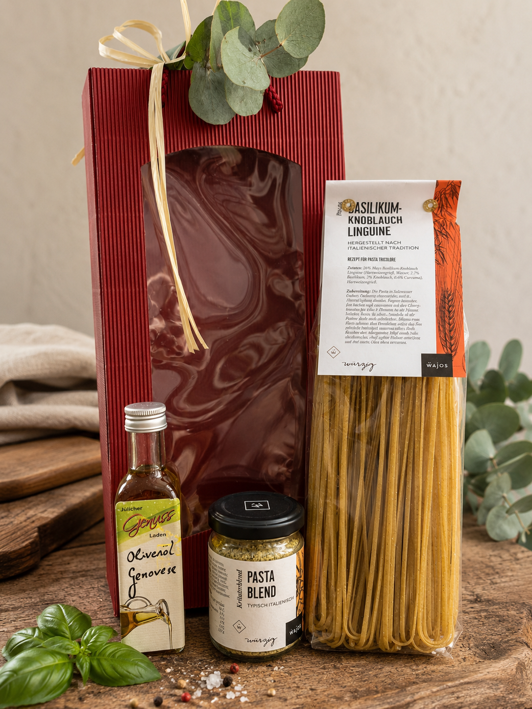 Bella Italia – Pasta Geschenkset mit Linguine, Basilikum-Olivenöl & Pasta-Gewürz