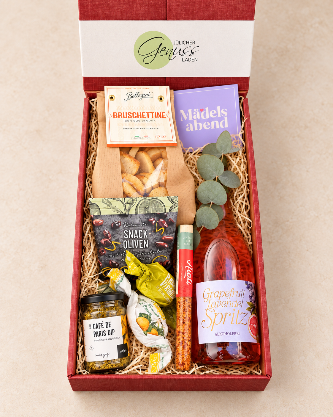Mädelsabend – alkoholfreie Geschenkbox mit Spritz, Snacks & Seelenzeit