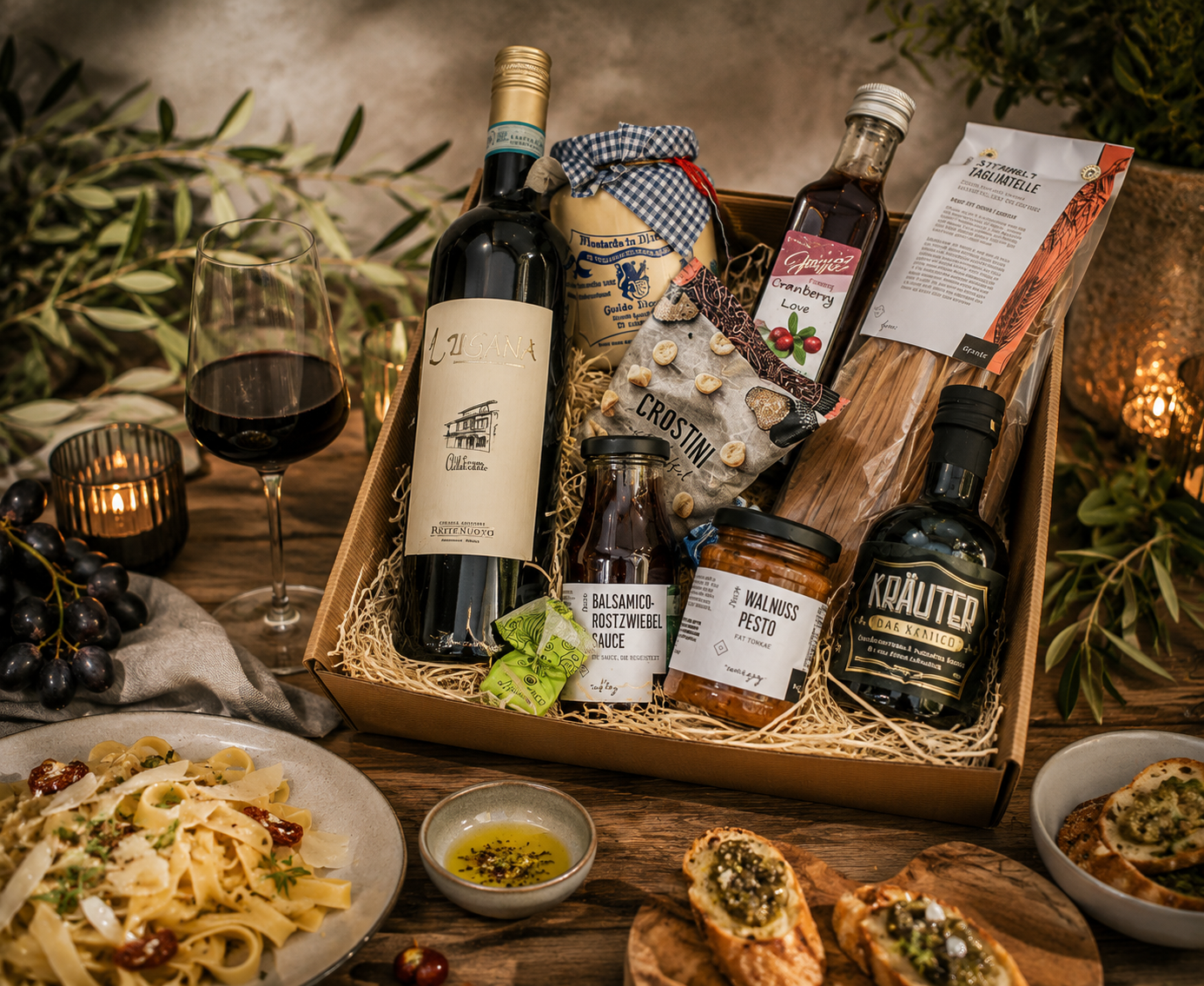 Premium Feinkost Geschenkkorb mit Wein