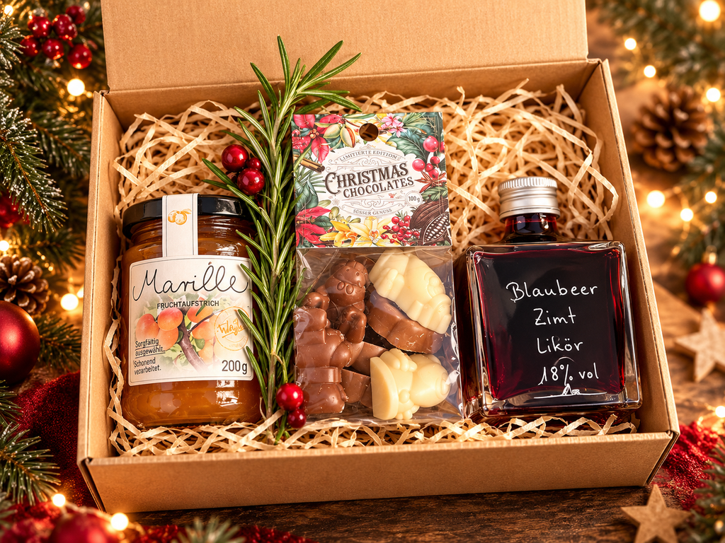Süßer Weihnachtszauber – Feinkost Geschenkbox mit Likör, Schokolade & Marille