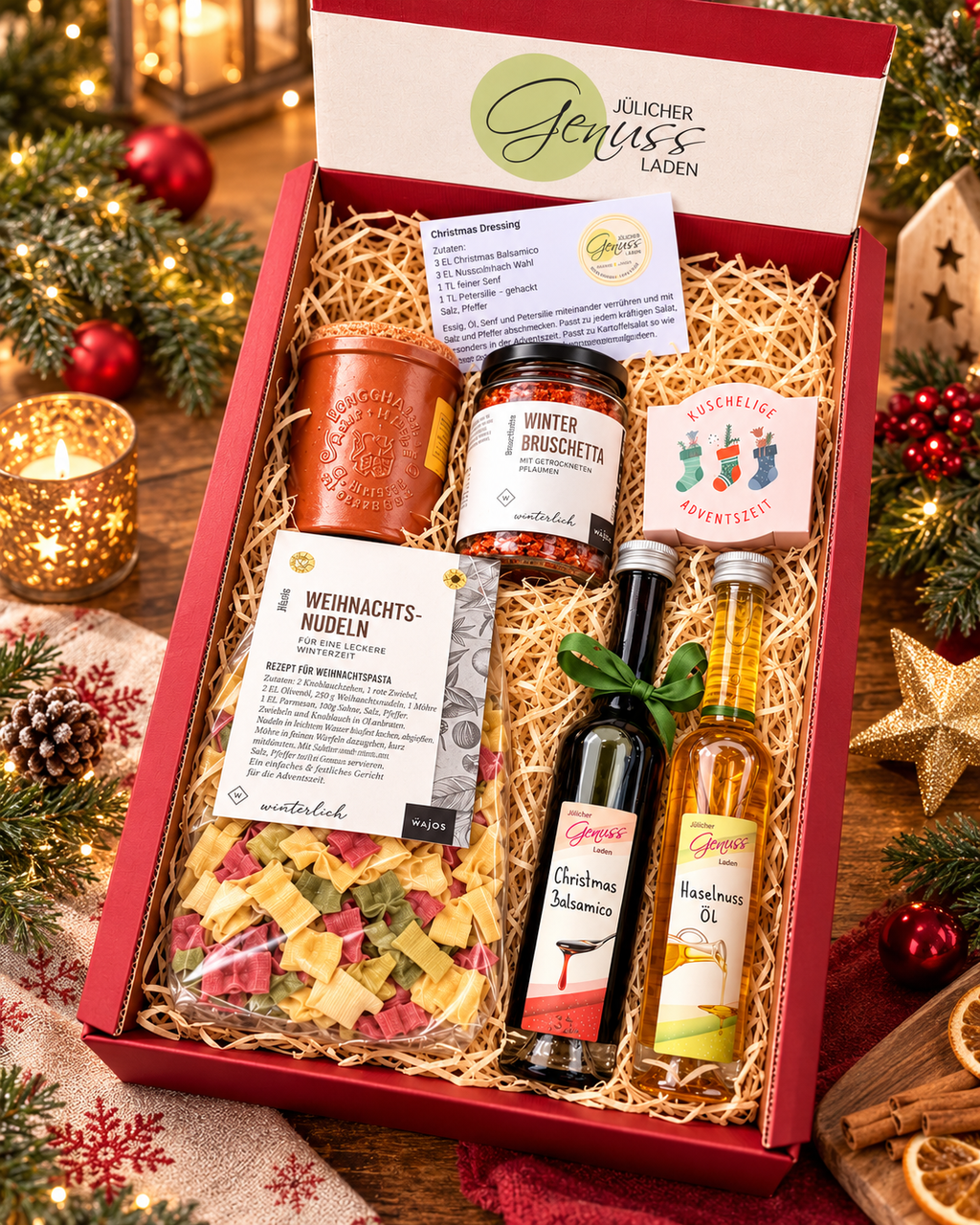 Weihnachtsgeschenk Feinkost – Festliche Genussbox mit Pasta, Bruschetta, Essig & Öl und Monschauer Senf
