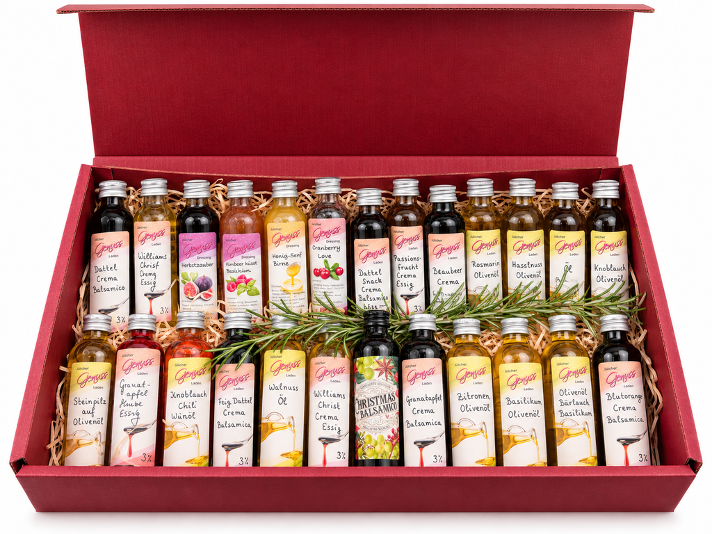 Feinkost Adventskalender 2026 – 24 Genusszwerge mit Essig, Öl & Dressings | Jülicher Genuss Laden