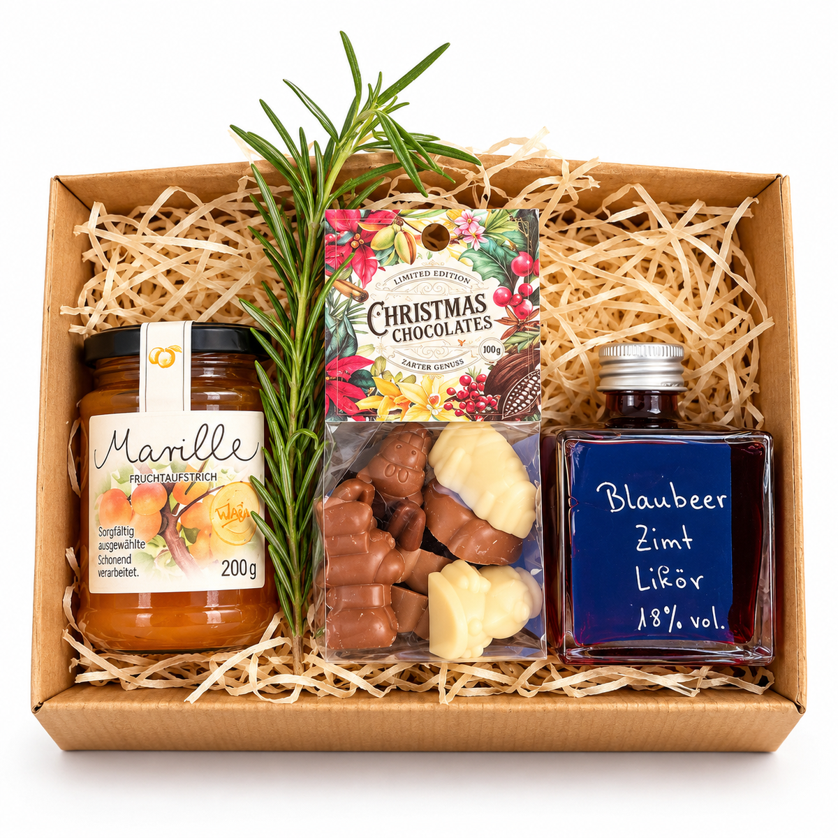 Süßer Weihnachtszauber – Feinkost Geschenkbox mit Likör, Schokolade & Marille