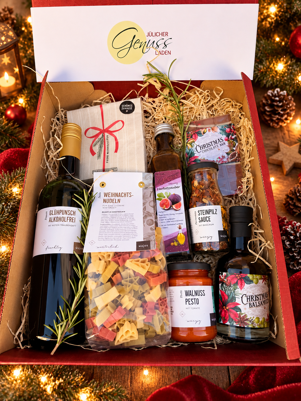 Feinkost Geschenkbox Weihnachten „Weihnachtszauber“ – mit alkoholfreiem Glühpunsch, Pasta & Delikatessen